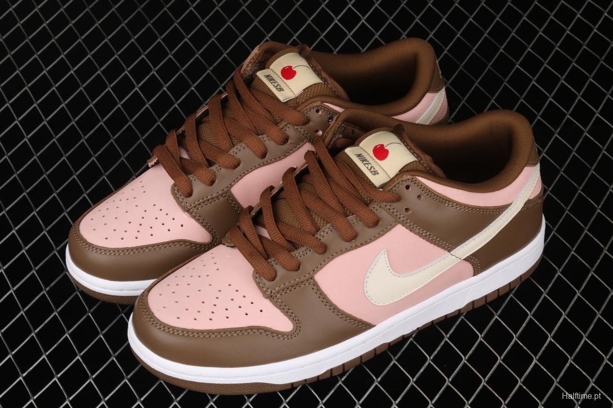 Stussy x SB DUNK Low Pro Cherry cherry pink brown skateboard shoes with low uppers 304292-671