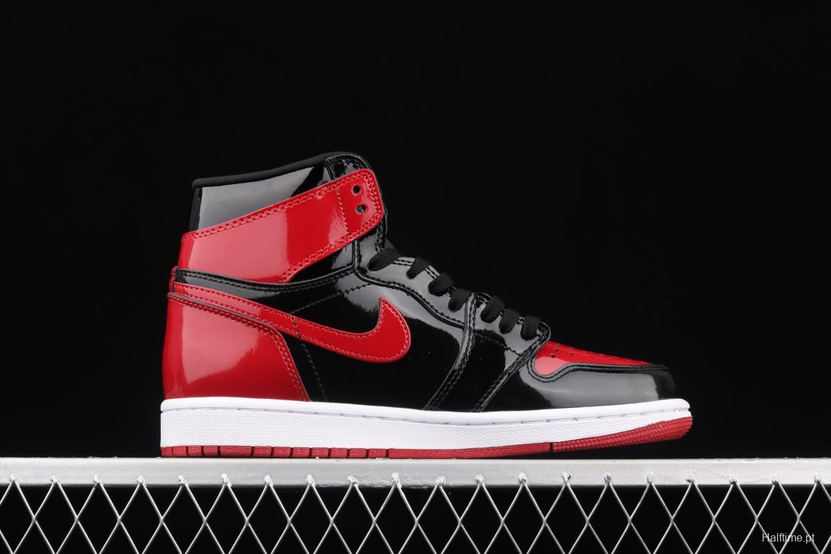 Air Jordan 1 High OG Bred Patent lacquered leather black and red high top basketball shoes 555088-063