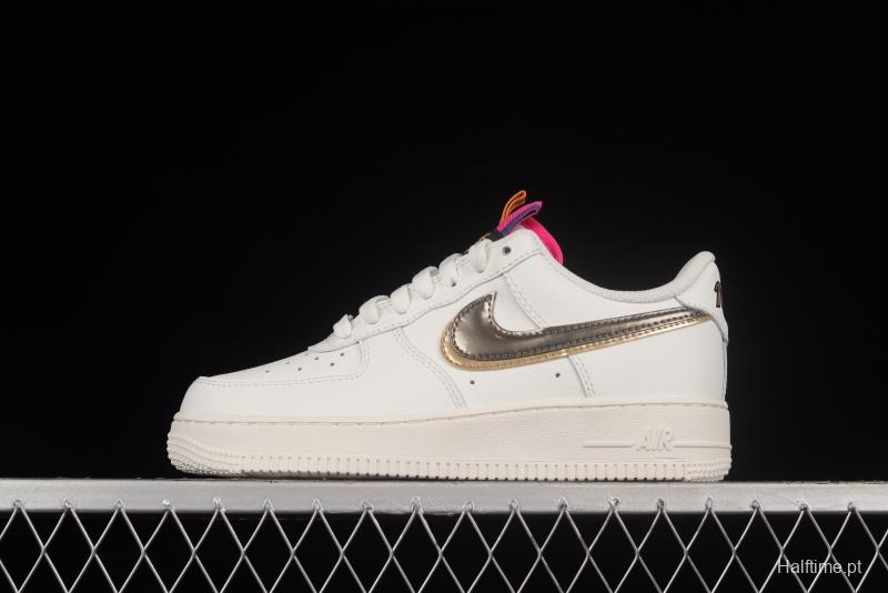 NIKE Air Force 1'07 Low Double Swoosh Grey Gold Double Hook Low Top Casual Sneakers DH9595-001