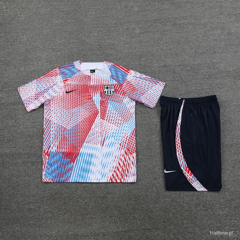 23 24 Barcelona White Red Stripe Short Sleeve+Shorts