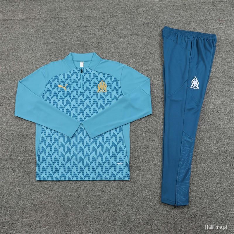 24/25 Olympique Marseille Blue Grid Half Zipper Jacket+Long Pants