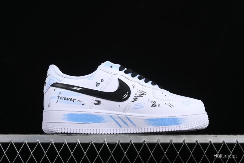 Nike Air Force 1 '07 Low Casual Sneakers with Anime-inspired Blue Spray Paint Design - CW2288-111