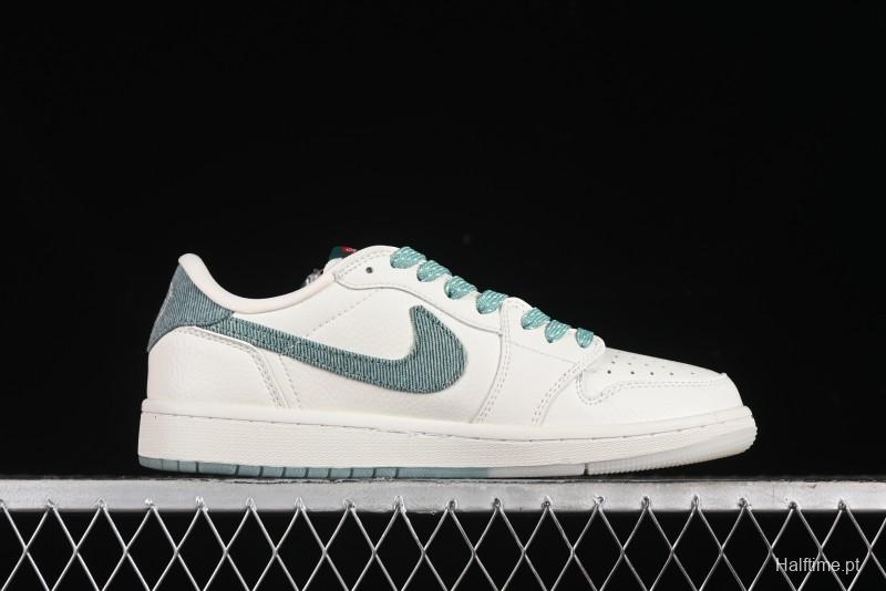 Nike Travis Scott x Fragment Design x Air Jordan 1 Low OG SP AJ1 Supreme Collaboration - Green Canvas Swoosh Low-Top Casual Sneakers - JH6088-706