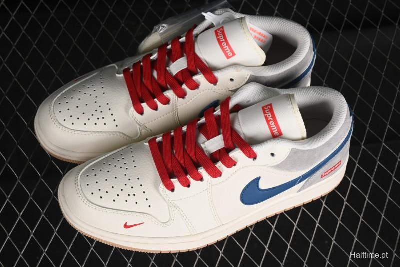 Nike Air Jordan 1 Low Supreme Collaboration - Retro Basketball Shoes in Blue and Gum Sole - SJ9950-022