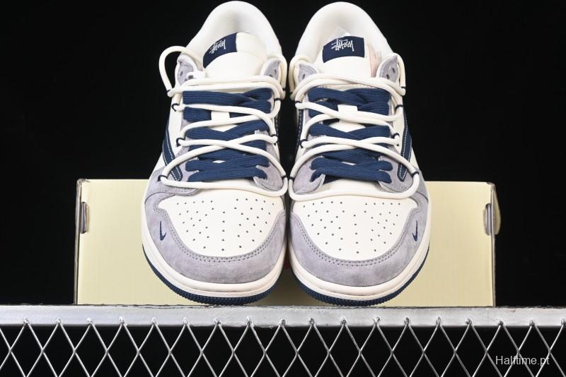Nike Travis Scott x Fragment Design x Air Jordan 1 Low OG SP AJ1 Stussy Collaboration - Grey Blue Hook Lace Low Top Casual Sneakers - SJ0086-140
